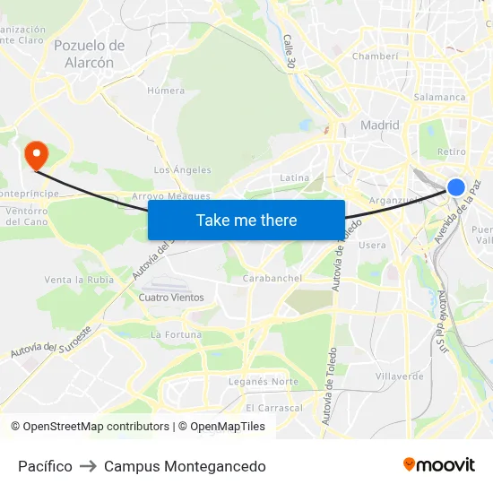 Pacífico to Campus Montegancedo map
