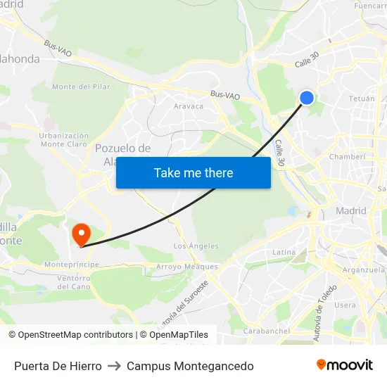 Puerta De Hierro to Campus Montegancedo map