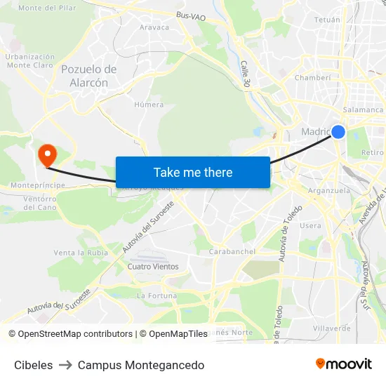 Cibeles to Campus Montegancedo map