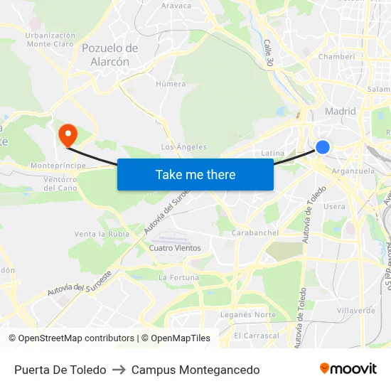 Puerta De Toledo to Campus Montegancedo map