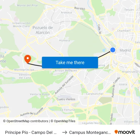 Príncipe Pío - Campo Del Moro to Campus Montegancedo map
