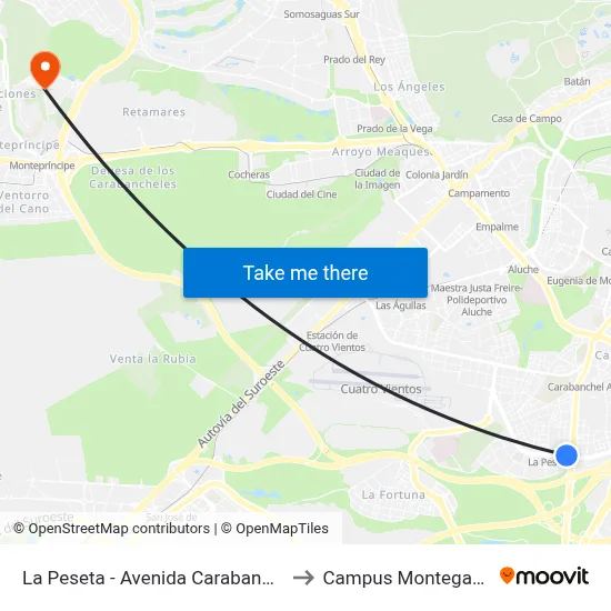 La Peseta - Avenida Carabanchel Alto to Campus Montegancedo map