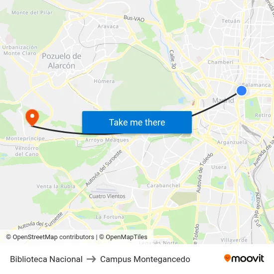 Biblioteca Nacional to Campus Montegancedo map