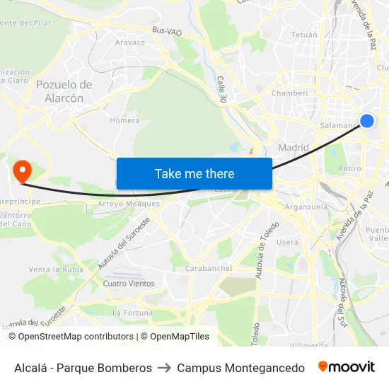 Alcalá - Parque Bomberos to Campus Montegancedo map