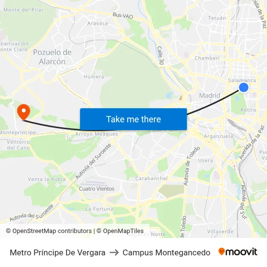 Metro Príncipe De Vergara to Campus Montegancedo map