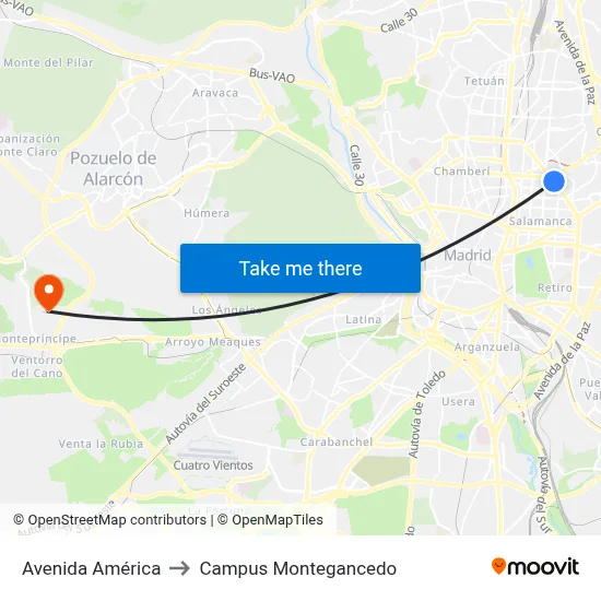 Avenida América to Campus Montegancedo map