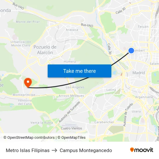 Metro Islas Filipinas to Campus Montegancedo map