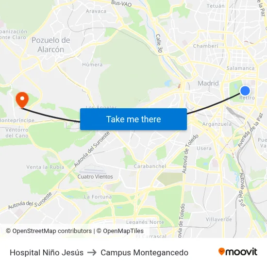 Hospital Niño Jesús to Campus Montegancedo map