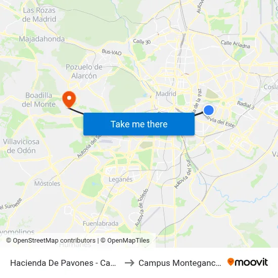 Hacienda De Pavones - Cañada to Campus Montegancedo map