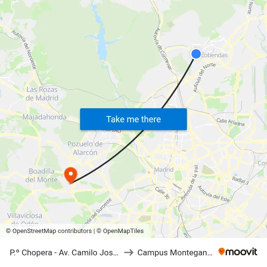 P.º Chopera - Av. Camilo José Cela to Campus Montegancedo map
