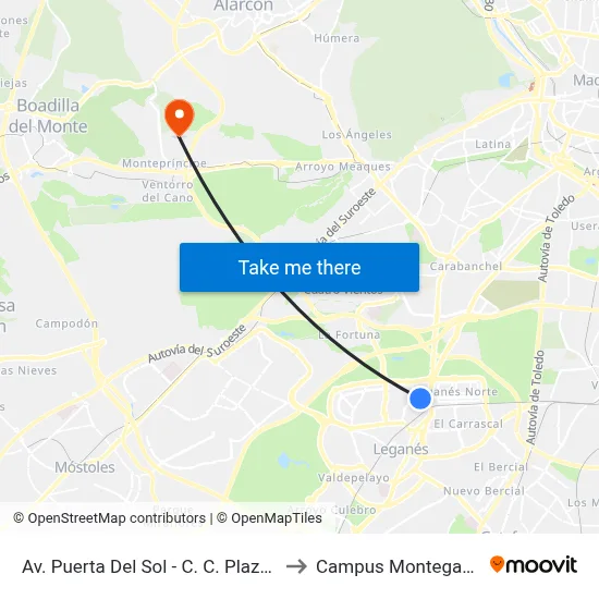Av. Puerta Del Sol - C. C. Plaza Nueva to Campus Montegancedo map