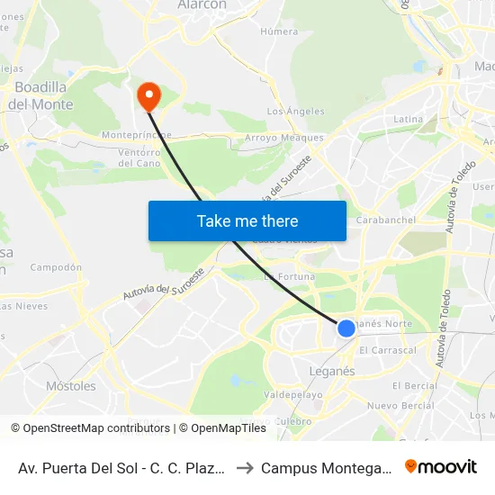 Av. Puerta Del Sol - C. C. Plaza Nueva to Campus Montegancedo map