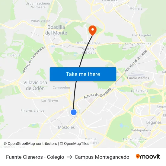 Fuente Cisneros - Colegio to Campus Montegancedo map