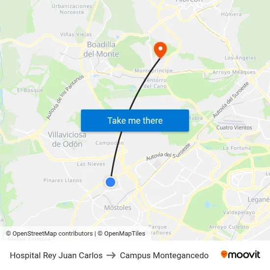 Hospital Rey Juan Carlos to Campus Montegancedo map