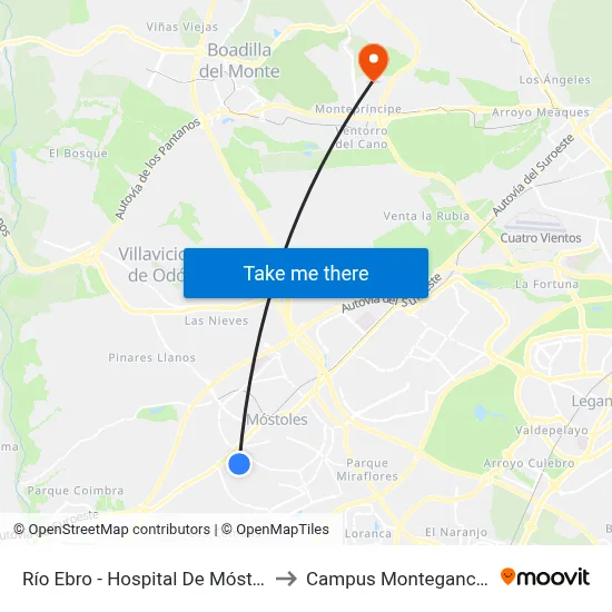 Río Ebro - Hospital De Móstoles to Campus Montegancedo map