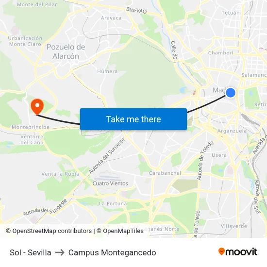 Sol - Sevilla to Campus Montegancedo map
