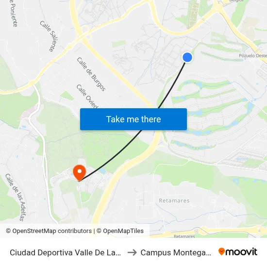 Ciudad Deportiva Valle De Las Cañas to Campus Montegancedo map