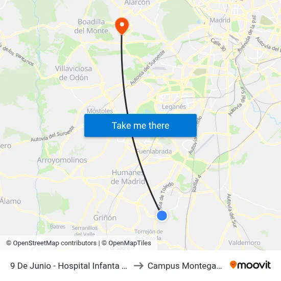 9 De Junio - Hospital Infanta Cristina to Campus Montegancedo map