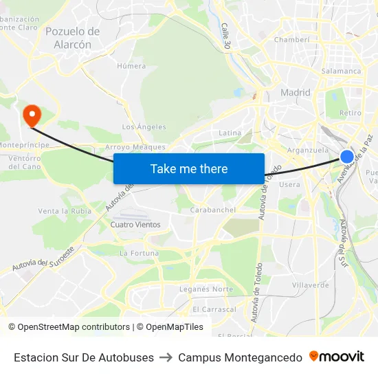 Estacion Sur De Autobuses to Campus Montegancedo map