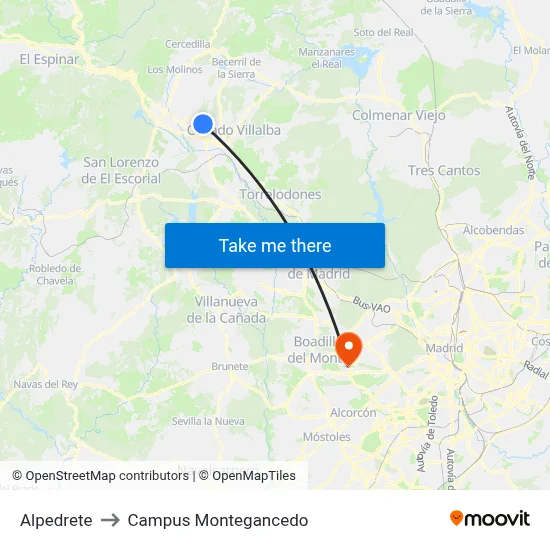 Alpedrete to Campus Montegancedo map
