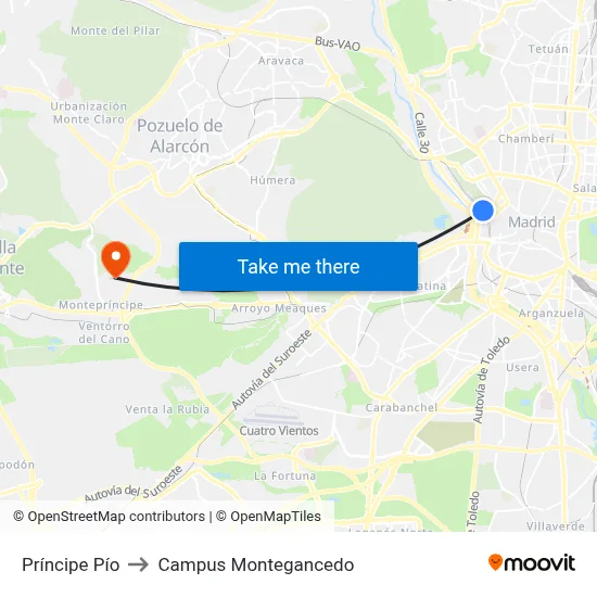 Príncipe Pío to Campus Montegancedo map