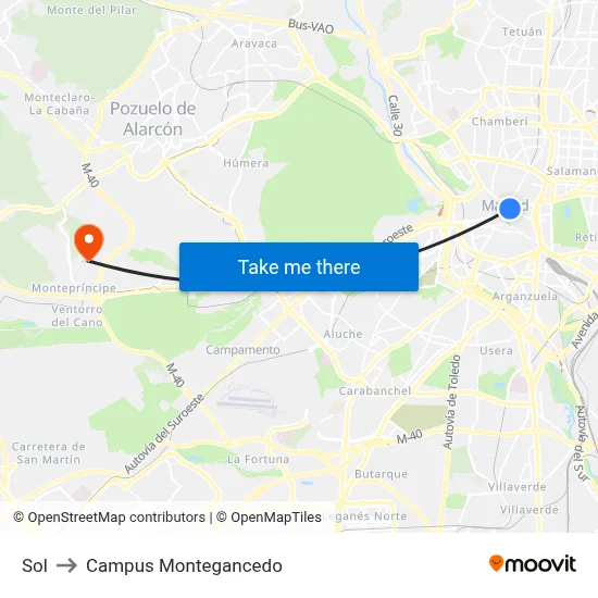 Sol to Campus Montegancedo map