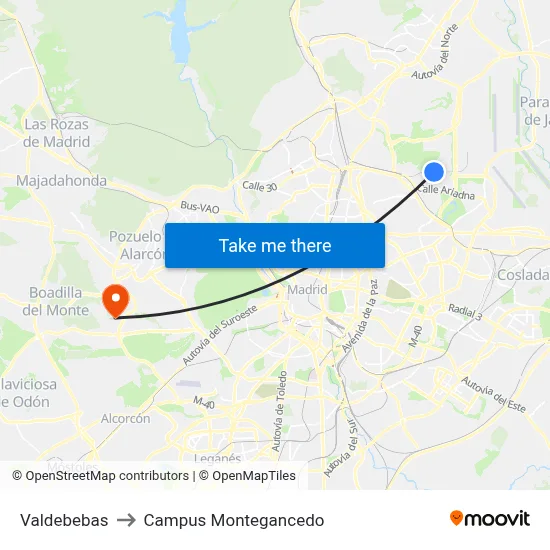 Valdebebas to Campus Montegancedo map