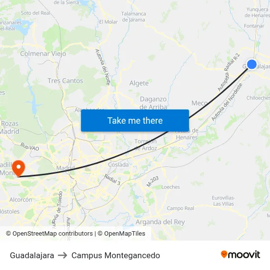 Guadalajara to Campus Montegancedo map