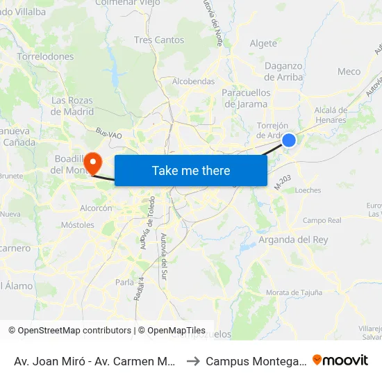 Av. Joan Miró - Av. Carmen Martín Gaite to Campus Montegancedo map