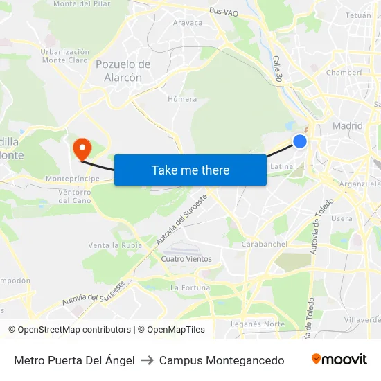 Metro Puerta Del Ángel to Campus Montegancedo map