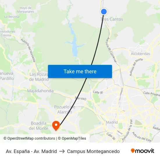 Av. España - Av. Madrid to Campus Montegancedo map