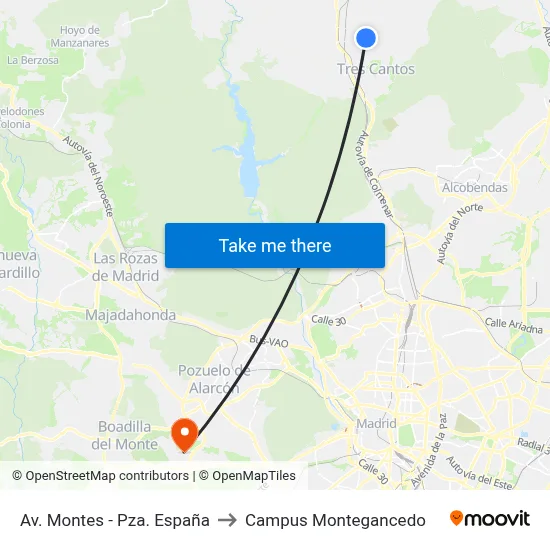 Av. Montes - Pza. España to Campus Montegancedo map