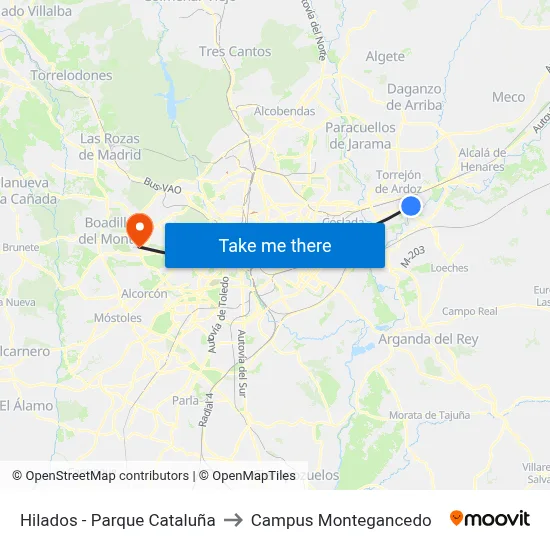 Hilados - Parque Cataluña to Campus Montegancedo map