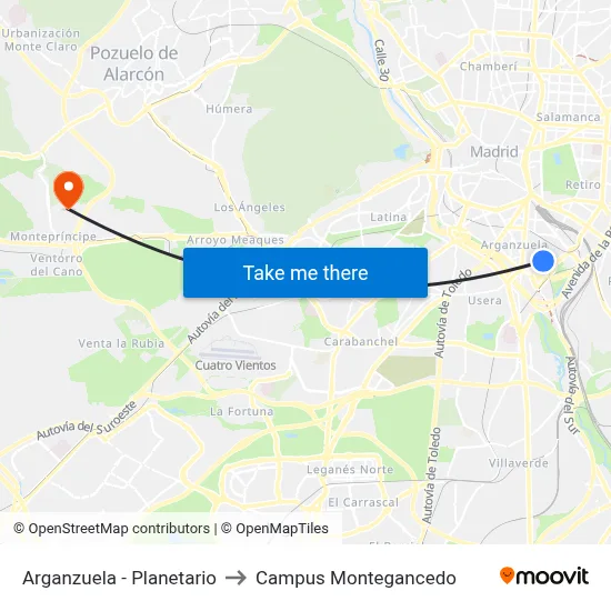 Arganzuela - Planetario to Campus Montegancedo map