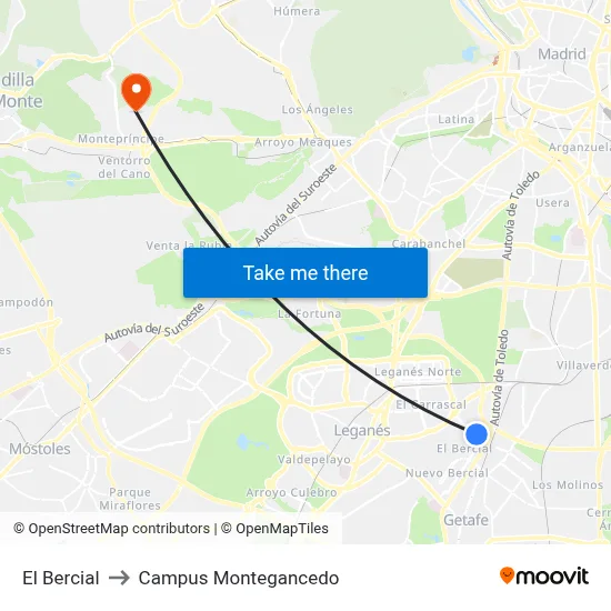 El Bercial to Campus Montegancedo map