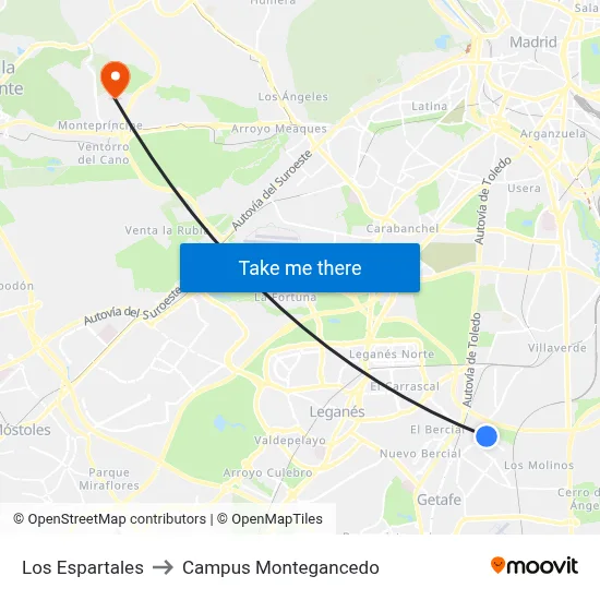 Los Espartales to Campus Montegancedo map