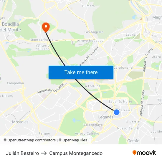 Julián Besteiro to Campus Montegancedo map
