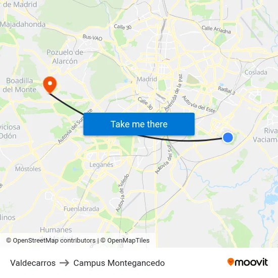 Valdecarros to Campus Montegancedo map