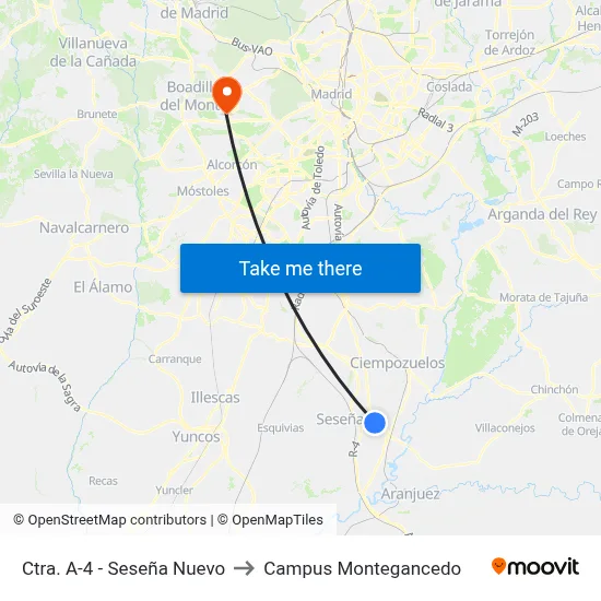 Ctra. A-4 - Seseña Nuevo to Campus Montegancedo map