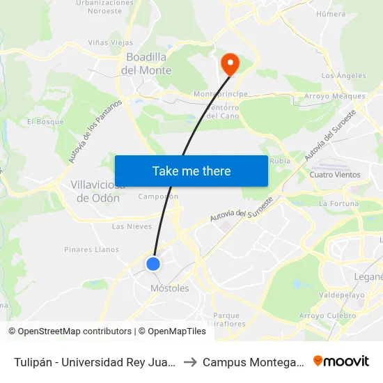 Tulipán - Universidad Rey Juan Carlos to Campus Montegancedo map
