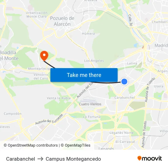 Carabanchel to Campus Montegancedo map