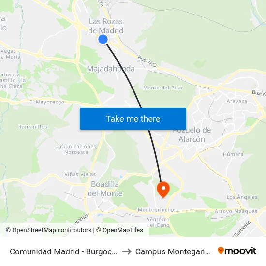 Comunidad Madrid - Burgocentro to Campus Montegancedo map