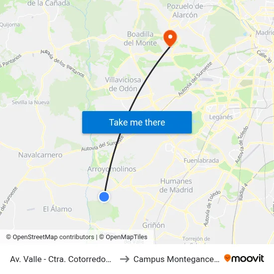 Av. Valle - Ctra. Cotorredondo to Campus Montegancedo map