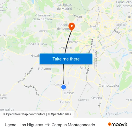 Ugena - Las Higueras to Campus Montegancedo map