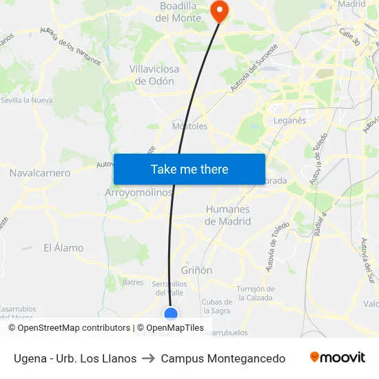 Ugena - Urb. Los Llanos to Campus Montegancedo map