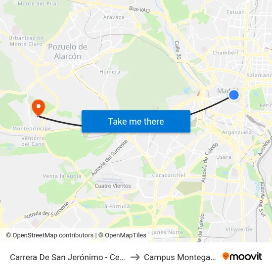 Carrera De San Jerónimo - Cedaceros to Campus Montegancedo map