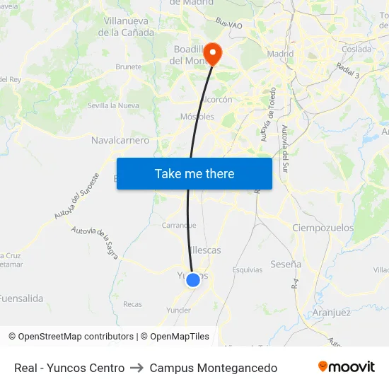 Real - Yuncos Centro to Campus Montegancedo map