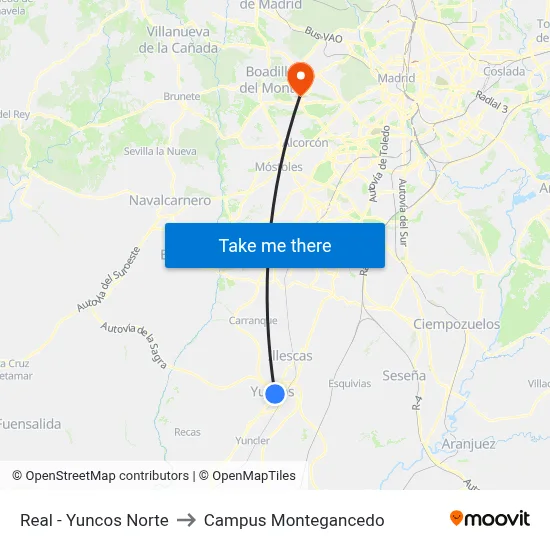 Real - Yuncos Norte to Campus Montegancedo map
