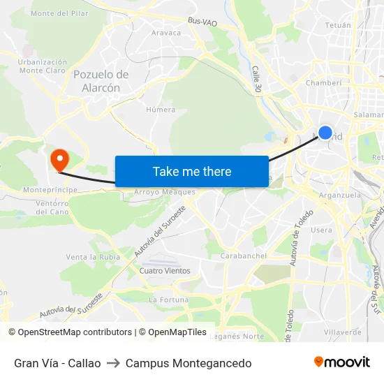Gran Vía - Callao to Campus Montegancedo map