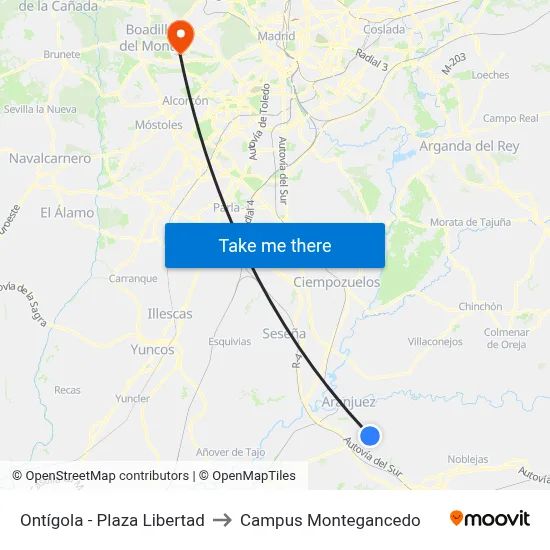 Ontígola - Plaza Libertad to Campus Montegancedo map
